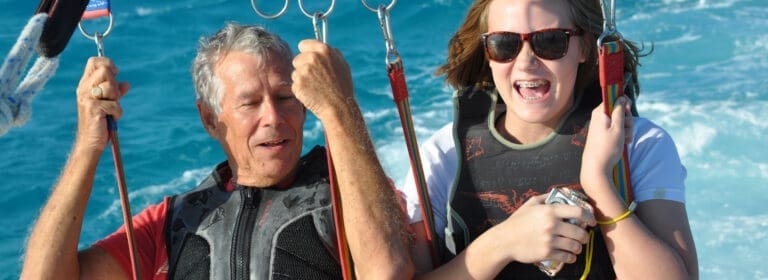 Parasailing guests on Captain Marvin's boat, Turks and Caicos